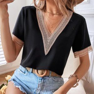 Bohemian V-neck Lace Solid Minimalist Blouse BlacK